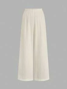 SHEIN PETITE CURVE Bộ 2 món gồm áo hai dây buộc cổ yếm và quần ống đứng cạp chun, trang phục đi biển mùa hè, kiểu trễ vai, không tay, thời trang thường ngày. - Màu be - Xem 7