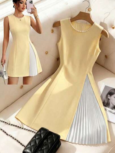 SHEIN Elenzya 女士夏季纯色拼接褶皱领珍珠装饰设计，尽显高端优雅气质，适合生日礼物、约会、派对、劳动节、返校、音乐节、聚会、办公、旅行、街头穿搭等场合，是夏季的理想之选。