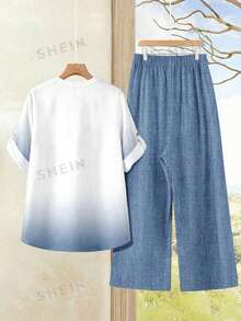 EMERY ROSE Casual Blue And White Plus Size Co-Ord Set Notched Neck Blouse With Roll Up Sleeves And Long Woven Fabric Pants For Summer - Blue and White - View 2