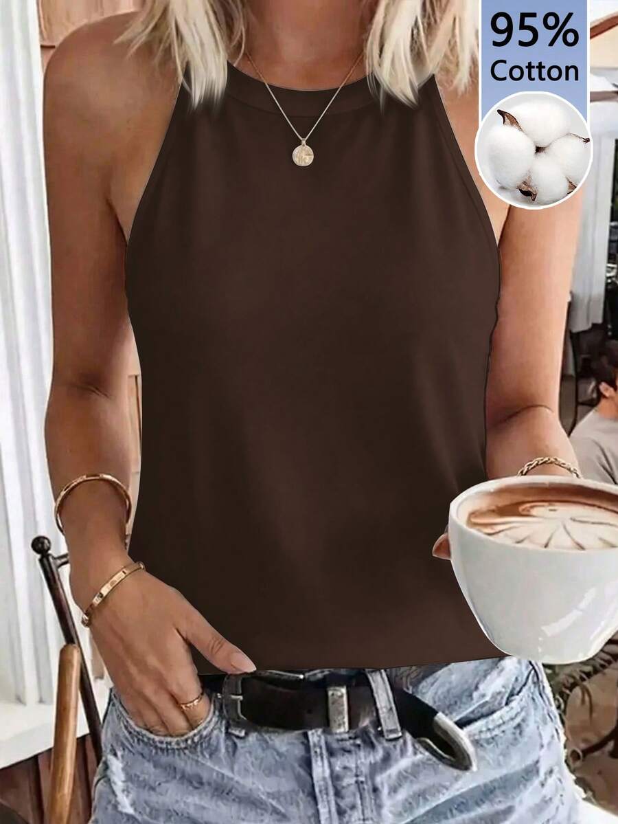 SHEIN LUNE 95% Cotton Women Casual Tight Halter Neck Camisole, Suitable For Summer - Coffee Brown - View 1
