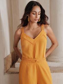 Anewsta Trang phục đi nghỉ hè mới dành cho nữ, kiểu dáng giản dị, thoải mái theo phong cách Pháp, áo tank top cổ chữ V móc len thủ công với dây đeo mảnh. - Màu vàng - Xem 3
