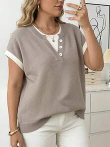 SHEIN LUNE Áo len dệt kim phối màu tương phản cỡ lớn - Màu Khaki - Xem 8