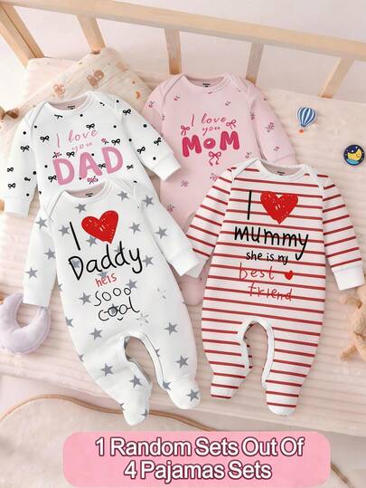 SHEIN [Random 3 Sets, Send 1 Set] Newborn Romper, Sweet Heart + Warm Parent-Child Theme Print, Ins Fresh And Cute Style, Long Sleeve With Foot Cover Design, Snap Front Closure For Easy Dressing, Suitable For Home, Strolling, Family Photo, Holiday Gift