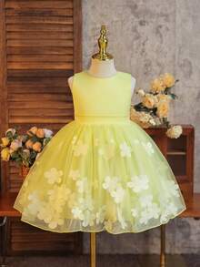 SHEIN Glamorique Kids 女童公主裙，花童礼服，生日派对婚礼正式礼服，缎面面料，无袖，黄色，多层网纱裙摆，中东和欧洲风格蝴蝶结系带后背 - 黃色 - 查看 5
