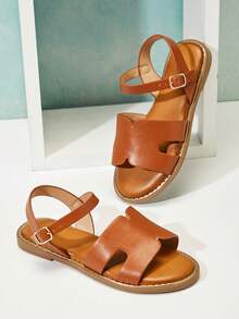 Mini mi Sandal đế bằng da PU cao cấp màu nâu da bò dành cho bé gái, kiểu dáng sang trọng với quai ngang mắt cá chân – đế ngoài viền vàng, lót trong êm ái, kiểu dáng thời trang và tiện dụng hàng ngày. - Màu Tím - Xem 2
