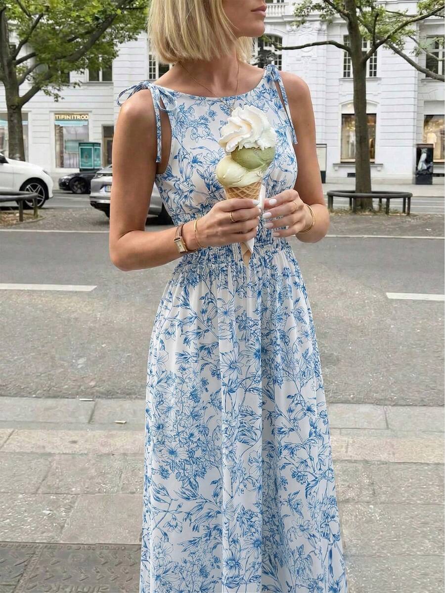 Pariaura Vestido maxi a cuadros marrones 2026 para mujer, con tirantes de lazo y cintura fruncida con volantes, estilo minimalista casual y perfecto para vacaciones y uso diario - Azul y blanco - Ver 1