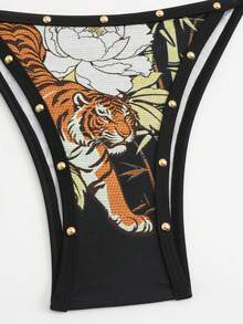 ROMWE Goth 女士哥特暗黑风露背系带虎纹数码印花铆钉装饰比基尼套装，优雅沙滩度假休闲装，适合春、夏、秋季穿着 - 黑色 - 查看 4