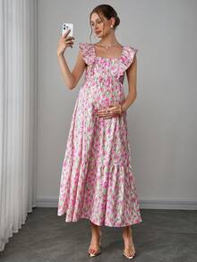 Momance 夏季新款时尚桃花海草印花方领高腰荷叶边下摆无袖哺乳连衣裙 - 彩色 - 查看 5