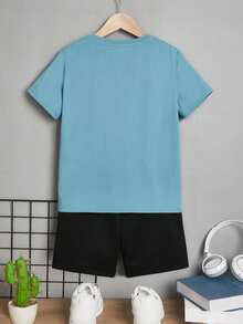 SHEIN 2pcs/Set Tween Boy Casual Round Neck Short Sleeve T-Shirt And Shorts Outfit - Blue - View 2