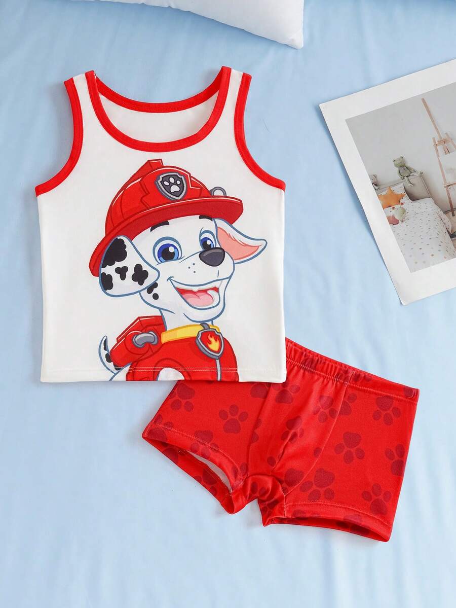 SHEIN | PAW Patrol 男童卡通人物印花撞色背心和内裤套装 - 紅白色 - 查看 1