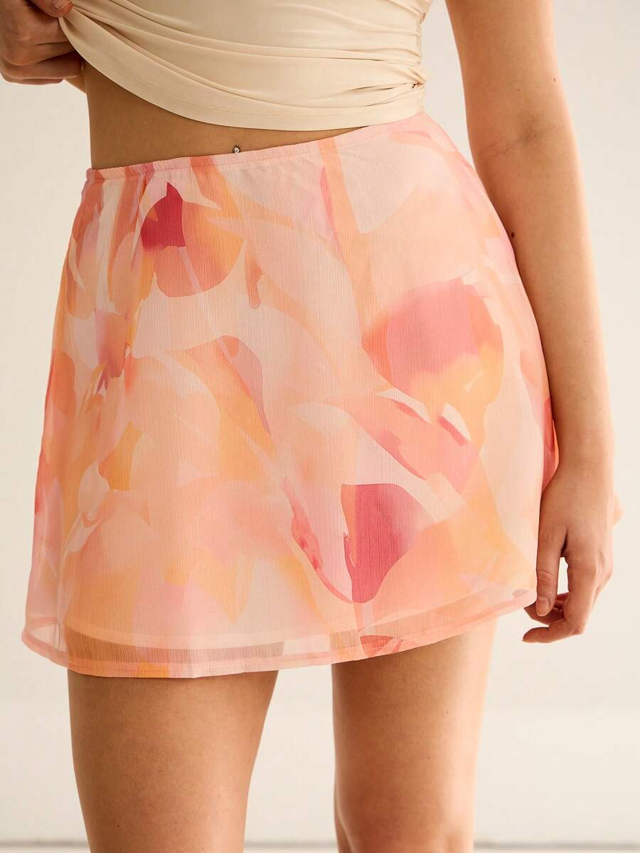 Women Chiffon Mini Skirt Floral Printed Chiffon Skirt - Multicolor - View 1