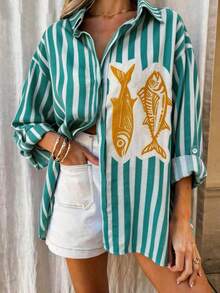 Vaclyn Áo sơ mi nữ kẻ sọc một hàng cúc in hình cá, kiểu dáng thường ngày, đa năng. - màu xanh lá - Xem 4