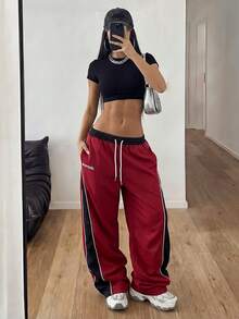 StreetHx Chándal con pantalón de pierna ancha de estilo universitario para mujer, en color bloque negro, para otoño - Rojo - Ver 5