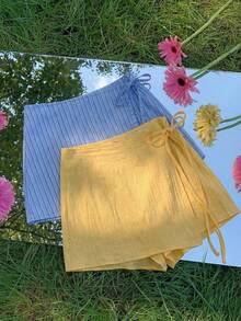 SHEIN EZwear Quần short nữ cỡ lớn chất liệu cotton pha, kẻ sọc và màu trơn, thích hợp cho kỳ nghỉ biển, mặc hàng ngày, đi học, mặc lửng, đi nghỉ mát, trang phục sân bay. - Nhiều màu - Xem 11
