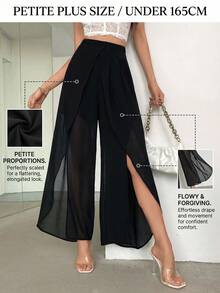 SHEIN PETITE CURVE Pantalon élégant taille haute pour femmes grandes tailles, avec ourlet asymétrique et détails de fente, léger et gracieux, convient pour le travail et les vacances d'été - Noir - Voir 4