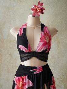 ICON Conjunto de top halter y minifalda con estampado floral para mujer de talla grande - Negro - Ver 11