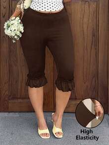 GalTyme 大码女式巧克力棕色高弹力荷叶边休闲打底裤 - 巧克力棕 - 查看 3