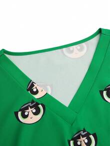 PopScrub THE POWERPUFF GIRLS X SHEIN Women's Energetic All-Over Print V-Neck Scrub Top, Fresh Green Cartoon Big Eye Print Nurse Uniform - Green - View 8