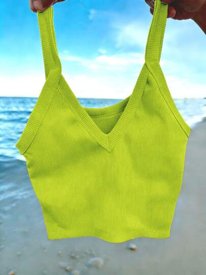 Franclia Women's Fluorescent Green V-Neck Spaghetti Strap Casual Beach Vacation