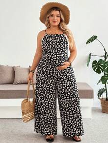 Plussiva Plus Size Maternity Jumpsuit For Summer Black Floral Jumpsuit-Comfortable And Casual Vacation Style All-Over Print Daily Wear Maternity - Black - View 5