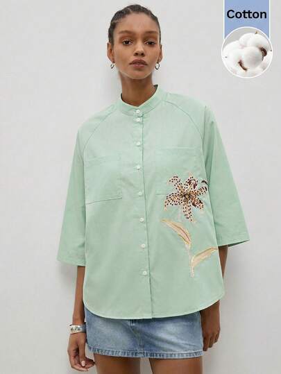 Maija Áo sơ mi nữ tay raglan cài cúc phía trước họa tiết hoa ly dáng rộng mùa hè