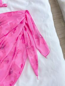 少女三件套比基尼：浅粉色网纱印花泳衣，系带泳裤和吊带露脐上衣，适合海滩度假 - 粉色 - 查看 4