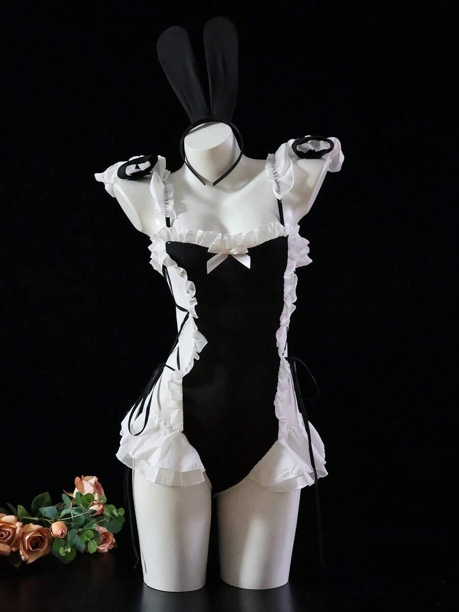 Dansine 性感兔女郎系带腰部制服套装 - 黑色 - 查看 1