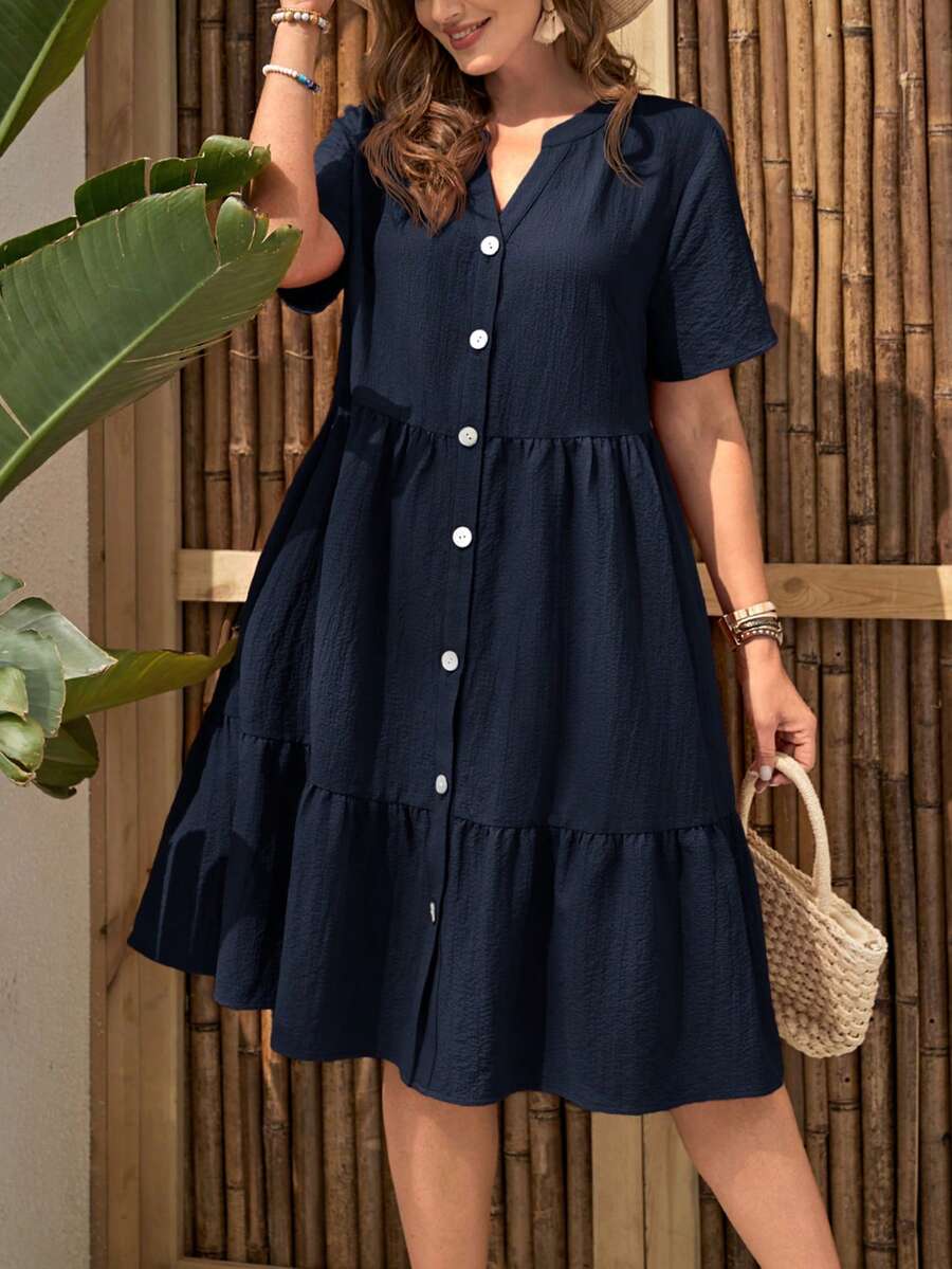 EMERY ROSE Đầm nữ cỡ lớn màu trơn cổ chữ V tay ngắn kiểu dáng thường ngày - Màu xanh hải quân - Xem 1