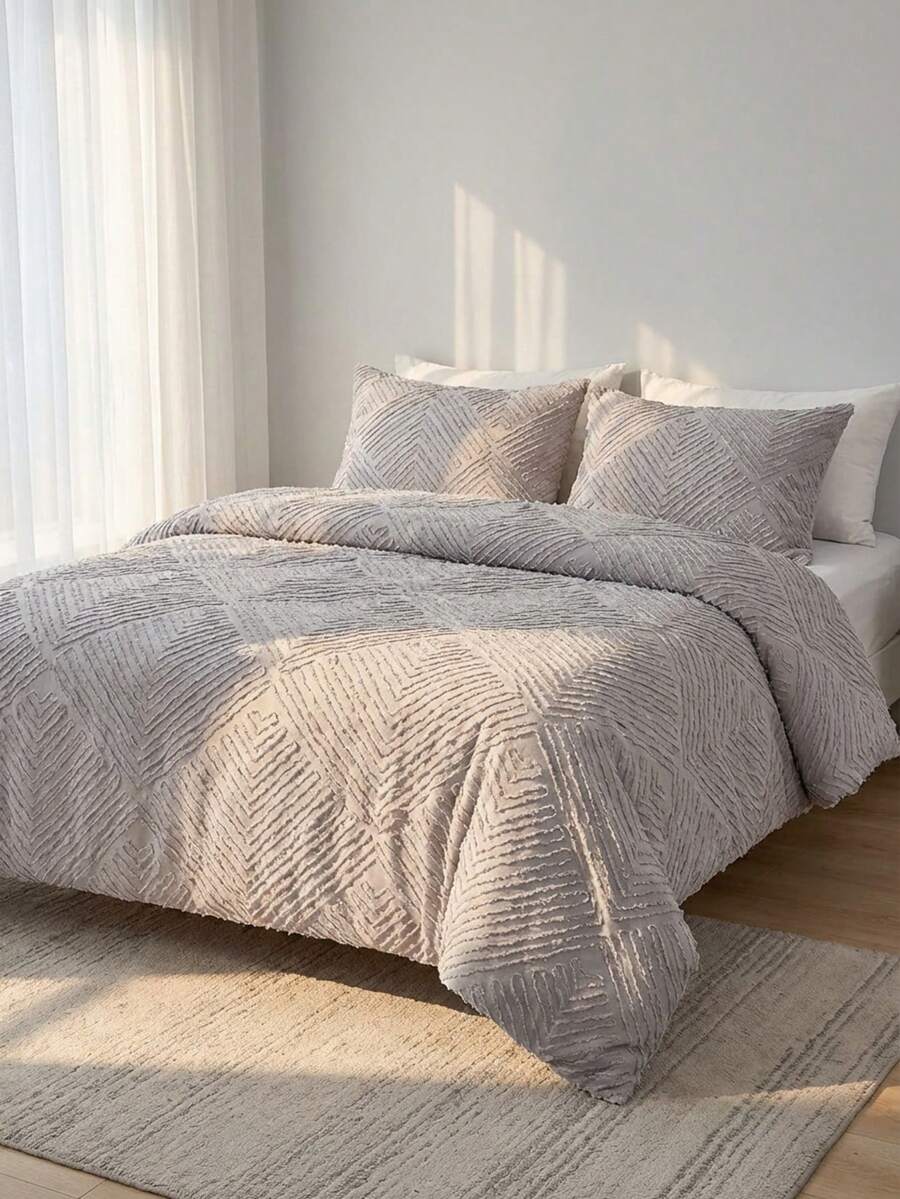 Cirelle 2/3 件套床上用品，波西米亚风格，100% 涤纶，3D 立体花朵荷叶边被套（不含被芯），四季皆宜，现代荷叶边被套，含 1/2 个枕套 - 灰色 - 查看 1