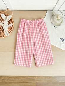SHEIN LMoss Kids 女宝宝休闲度假可爱百搭红白格子弹力腰裤 - 粉色 - 查看 4