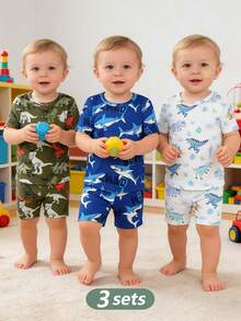 SHEIN 3sets Baby Boy Cute Graphic Dinosaur & Shark Print Pajama Set,Summer White Soft Knit Crew Neck Short Sleeve Top And Shorts Snug Fit Night Pajamas - Multicolor - View 6