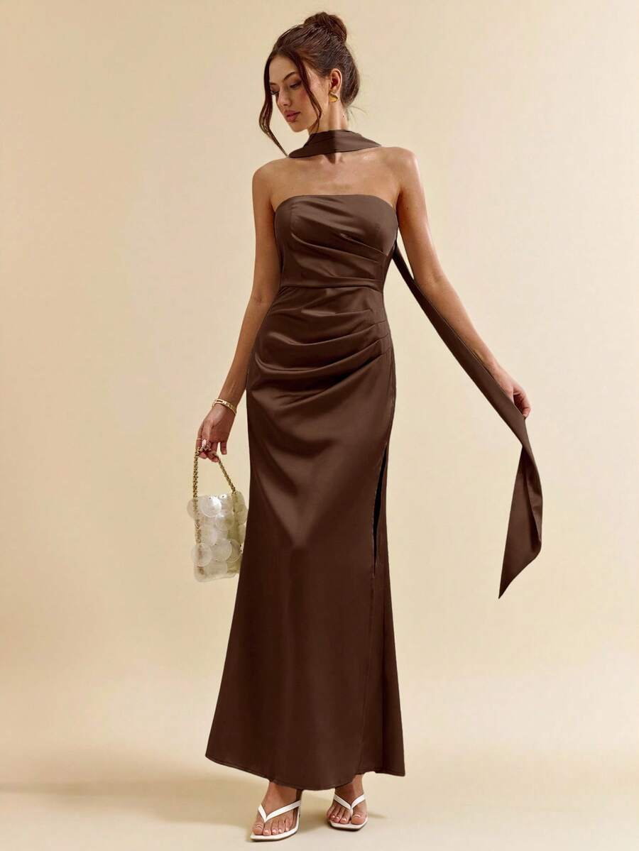 SHEIN BAE Đầm maxi satin màu xanh lá cây gợi cảm, cổ yếm, thắt nơ, xẻ tà cao, kiểu đuôi cá, thích hợp làm đầm phù dâu, đầm satin, đầm gợi cảm, trang phục dự tiệc cưới, mùa xuân/hè. - Cà phê nâu - Xem 1
