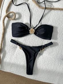 Swim Chiccia 女士纯色无肩带比基尼套装，饰有花卉金属装饰，春夏款 - 黑色 - 查看 2