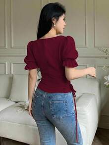 Feyla 女士复古碎花图案方领短袖衬衫 - 酒紅色 - 查看 6
