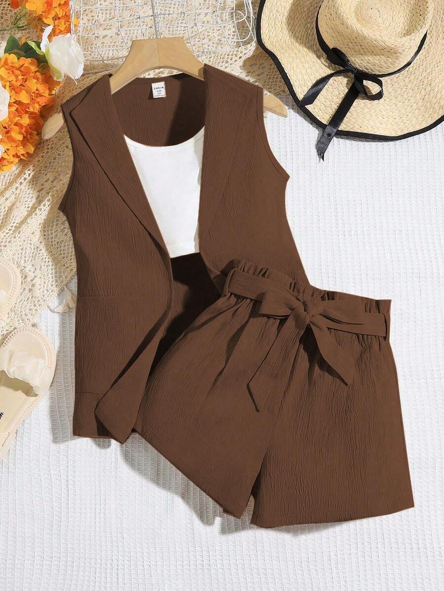 SHEIN 2 Stücke/Set Tween Mädchen Ärmellose Weste Jacke mit Schleifengürtel und Shorts, Casual Mode Outfit, Geschwister Matching Outfits (2 Sets separat erhältlich) - Braun - Übersicht 1