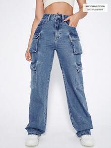 SHEIN ICON Y2k Black High Waist Flap Pocket Cargo Brushed Fabric Warm Jeans Thickened Denim - Blue - View 5