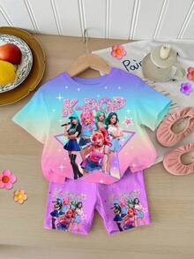 SHEIN 女婴休闲时尚彩色韩流女团字母星星印花套装，卡通人物装饰，适合节日、派对、日常穿着、演唱会等场合 - 圆领短袖T恤和短裤两件套 - 彩色 - 查看 2