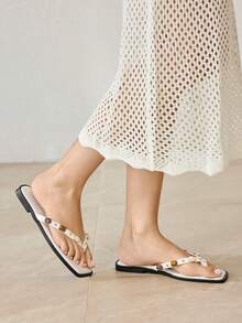 MOTF 春夏新款户外女士平底方头白色捏趾拖鞋 女士厚底防滑休闲百搭沙滩凉鞋 - 白色 - 查看 8