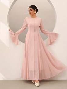 Graceveil Pink Chiffon Ruffle Long Sleeve Elegant Vacation Evening Dress For Women - Pink - View 4