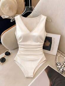 Franclia Women Elegant Sexy White Sleeveless Shimmering Satin Bodysuit, Summer Seductive Slim Fit Knitted Top For Night Out Golf, Parties, Vacation Formal - Apricot - View 4