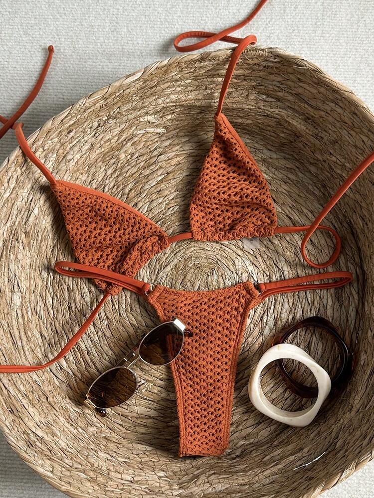 Swim Vcay 女士夏季沙滩纯色吊带系带性感比基尼泳衣套装 - 鏽棕色 - 查看 3