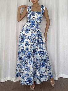 Elenzga Đầm hai dây không tay, in họa tiết hoa Pháp lãng mạn màu xanh trắng, cắt ngẫu nhiên, xếp nếp, cổ vuông, thắt eo, dáng xòe rộng, eo thấp, thích hợp cho mùa xuân/hè. - Xanh và trắng - Xem 5