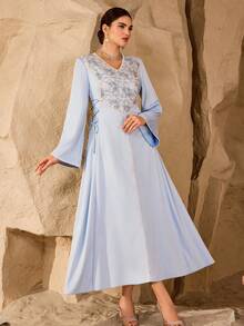 Vestido de manga larga de ajuste ceñido con cuello en V, encaje bordado y cintura ceñida, elegante para fiestas - Azul - Ver 11
