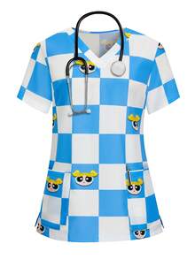 PopScrub THE POWERPUFF GIRLS X SHEIN 女士蓝白棋盘格趣味泡泡印花V领手术服上衣，亮丽蓝白卡通印花手术服上衣，V领口袋护士服 - 藍白色 - 查看 3