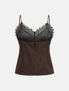 Cévolie Women's New Spring/Summer French Lash Wide-Brim Lace Patchwork V-Neck Versatile Air Layer Retro Suede Camisole - Rust Brown - View 2