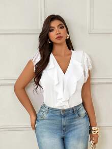 Femmeverse Plus Size Women Elegant Fashion, Floral Decor, Ruffle Hem, Loose Solid Color Bodysuit - White - View 3
