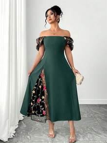 Elenzga Plus Size Elegant Color Block Petal Sleeve Mid-Length Dress - Dark Green - View 4
