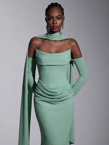 Elitara Elegante vestido de noche de corte ajustado con diseño de busto plisado en color verde claro, cintura fruncida y bajo ceñido. Vestido formal para negocios, invitados y ocasiones especiales. - Verde - Ver 7