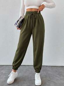 Cottnline Women Sweatpants Gym Sports Army Green Autumn Athleisure - Olive Green - View 5