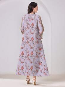 Casual Minimalist Modest Floral Print Long Sleeve Arabic Dress - Multicolor - View 2